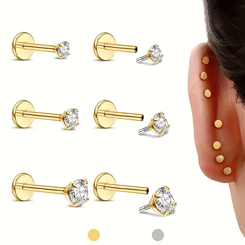 6pcs 16G Flat Back Earrings Studs Cartilage Jewelry 316L Stainless Steel